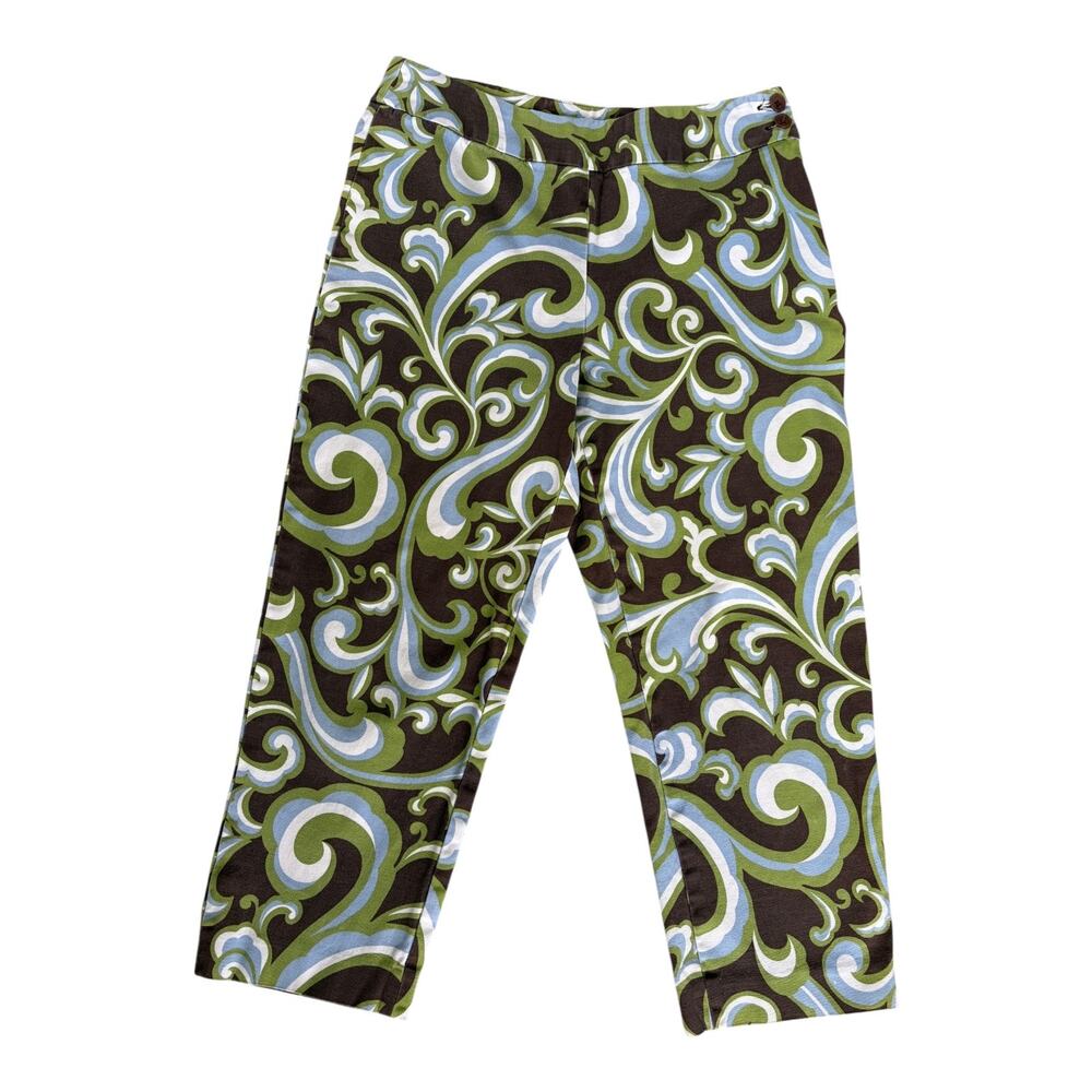 VTG Talbots Retro Swirl Capri Pants Green Blue Brown Cotton Stretch Y2K Funky 6P